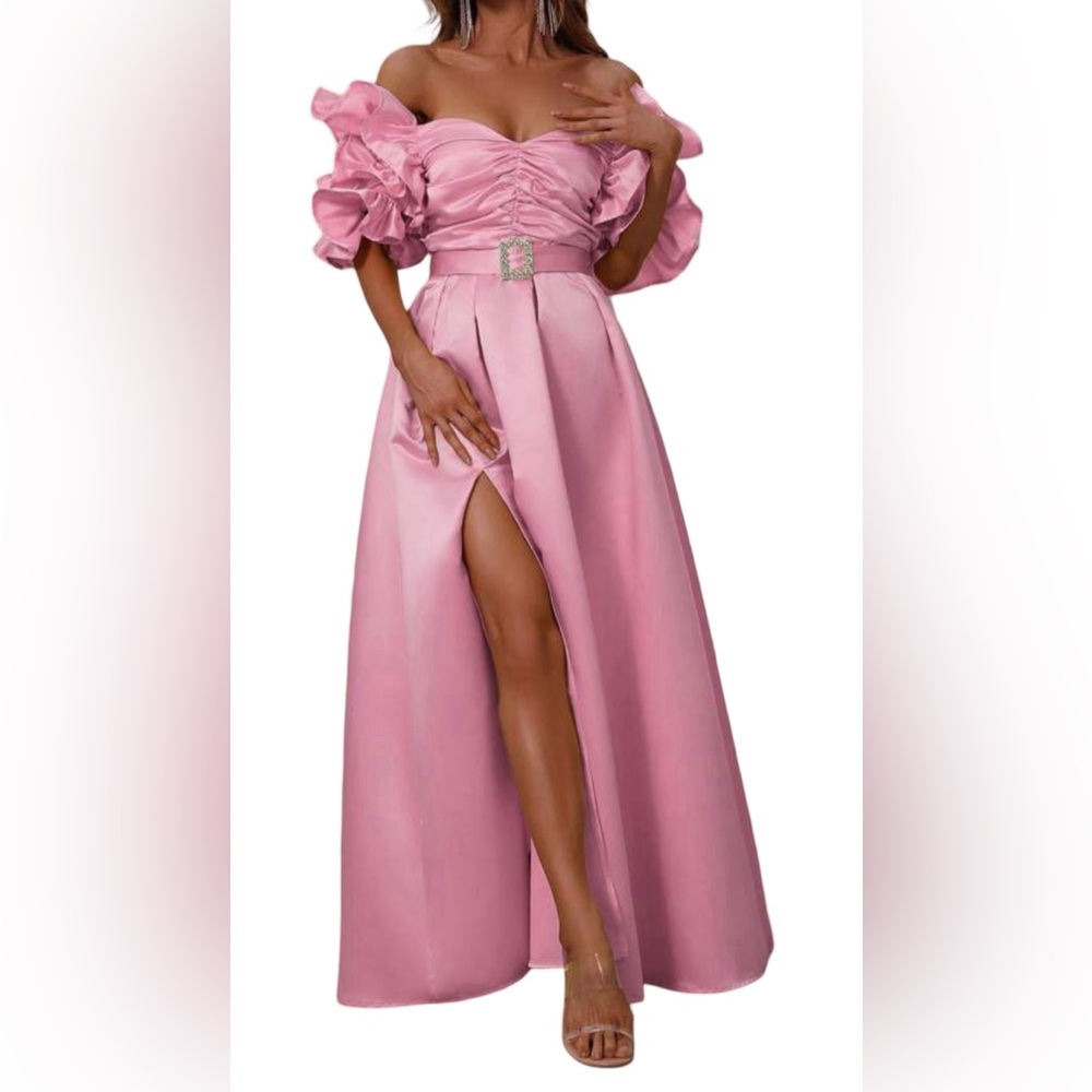 Elegant Pink Off-Shoulder Prom Gown with Ruffled Sleeves - Picture 3 of 4